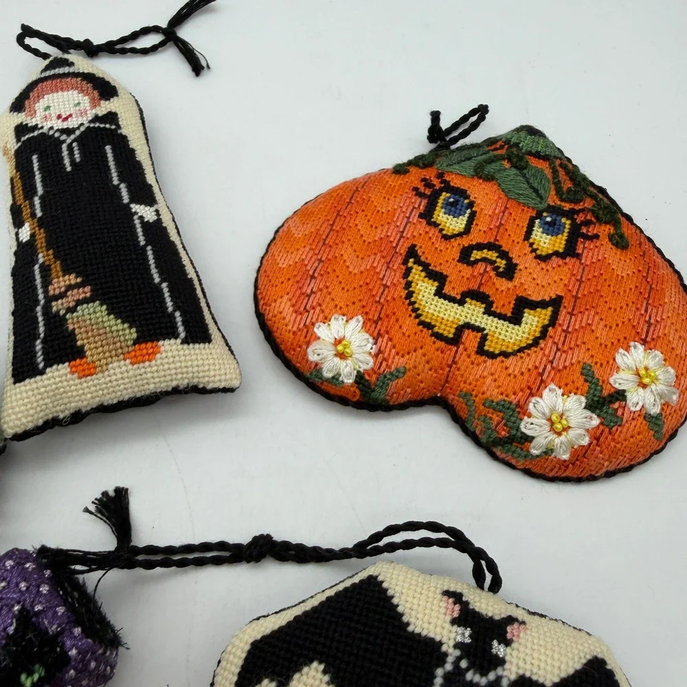 Halloween Needlepoint Ornament Set Witch Pumpkin Bat Ghost 6pc Decor